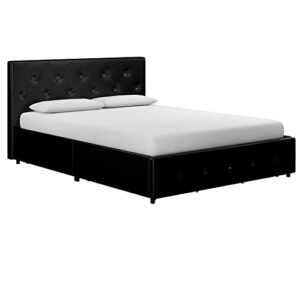 DHP Dakota Upholstered Platform Bed with Underbed Storage Drawers and Diamond Button Tufted Headboard and Footboard, No Box Spring Needed, Queen, Black Faux Leather