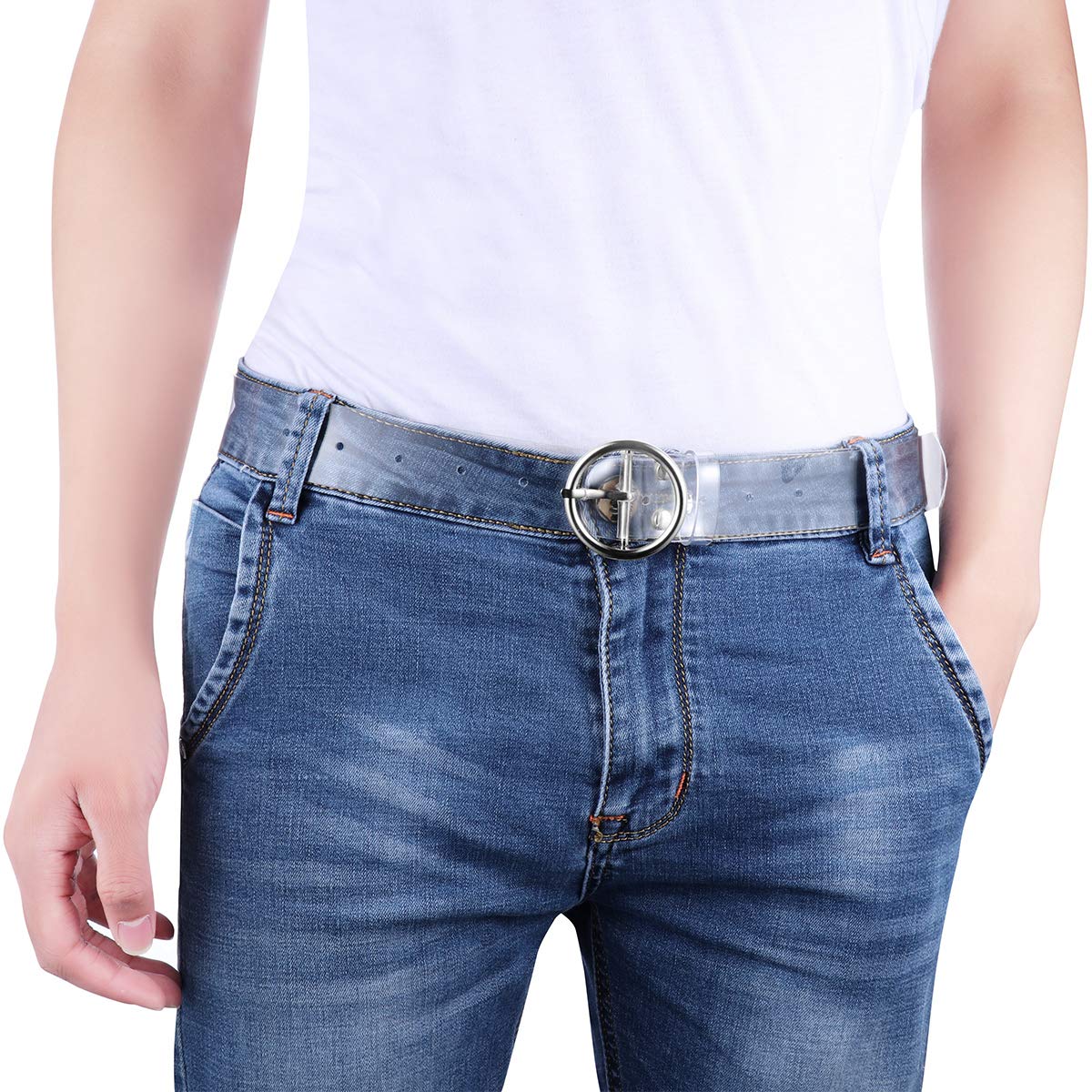 FENICAL Women Belt Joker Resin Plastic Full Transparent Belt Round Shape Buckle Belt Jeans Accessories, 1