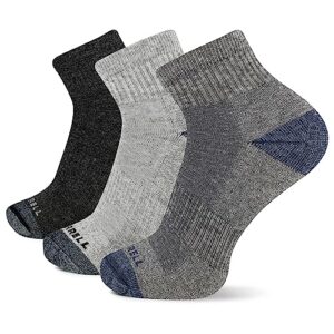 merrell men's 3 pack cushioned performance hiker socks (low/quarter/crew socks), charcoal black (quarter), shoe size: 9.5-12