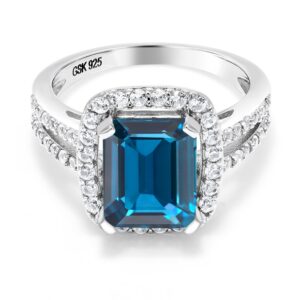 Gem Stone King 925 Sterling Silver London Blue Topaz Ring | Emerald Cut 10X8MM Engagement Ring For Women | 4.62 Cttw | Gemstone Birthstone | Available In Size 5, 6, 7, 8, 9