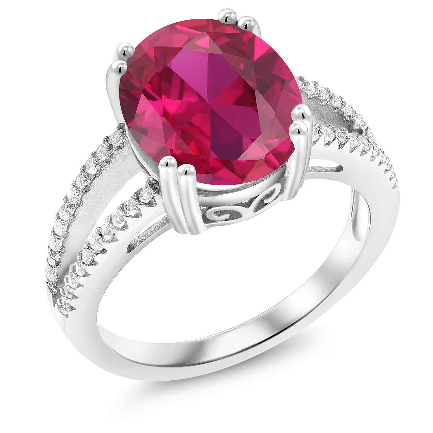 Gem Stone King 925 Sterling Silver Red Created Ruby Ring For Women (5.48 Cttw, Oval 12X10MM, Gemstone July Birthstone, Available In Size 5, 6, 7, 8, 9)