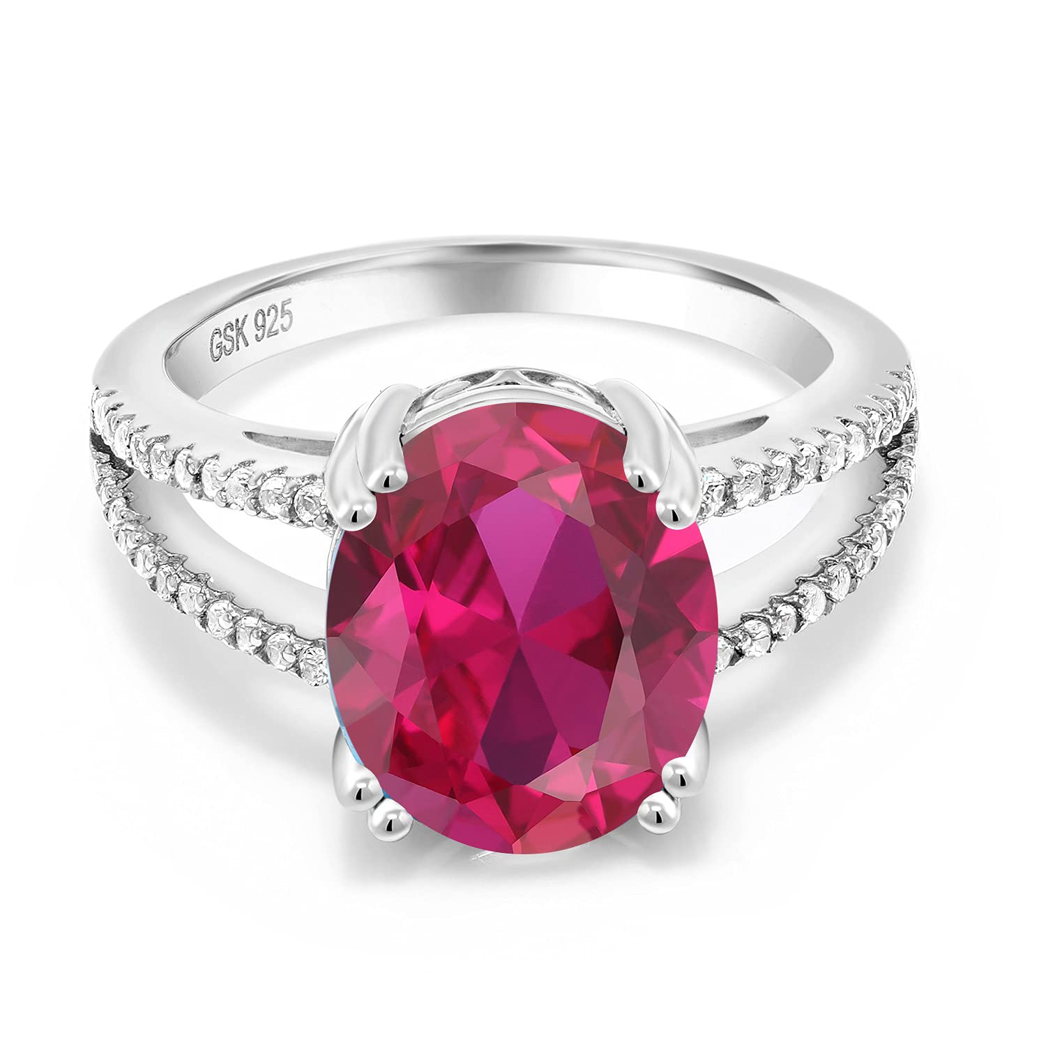 Gem Stone King 925 Sterling Silver Red Created Ruby Ring For Women (5.48 Cttw, Oval 12X10MM, Gemstone July Birthstone, Available In Size 5, 6, 7, 8, 9)