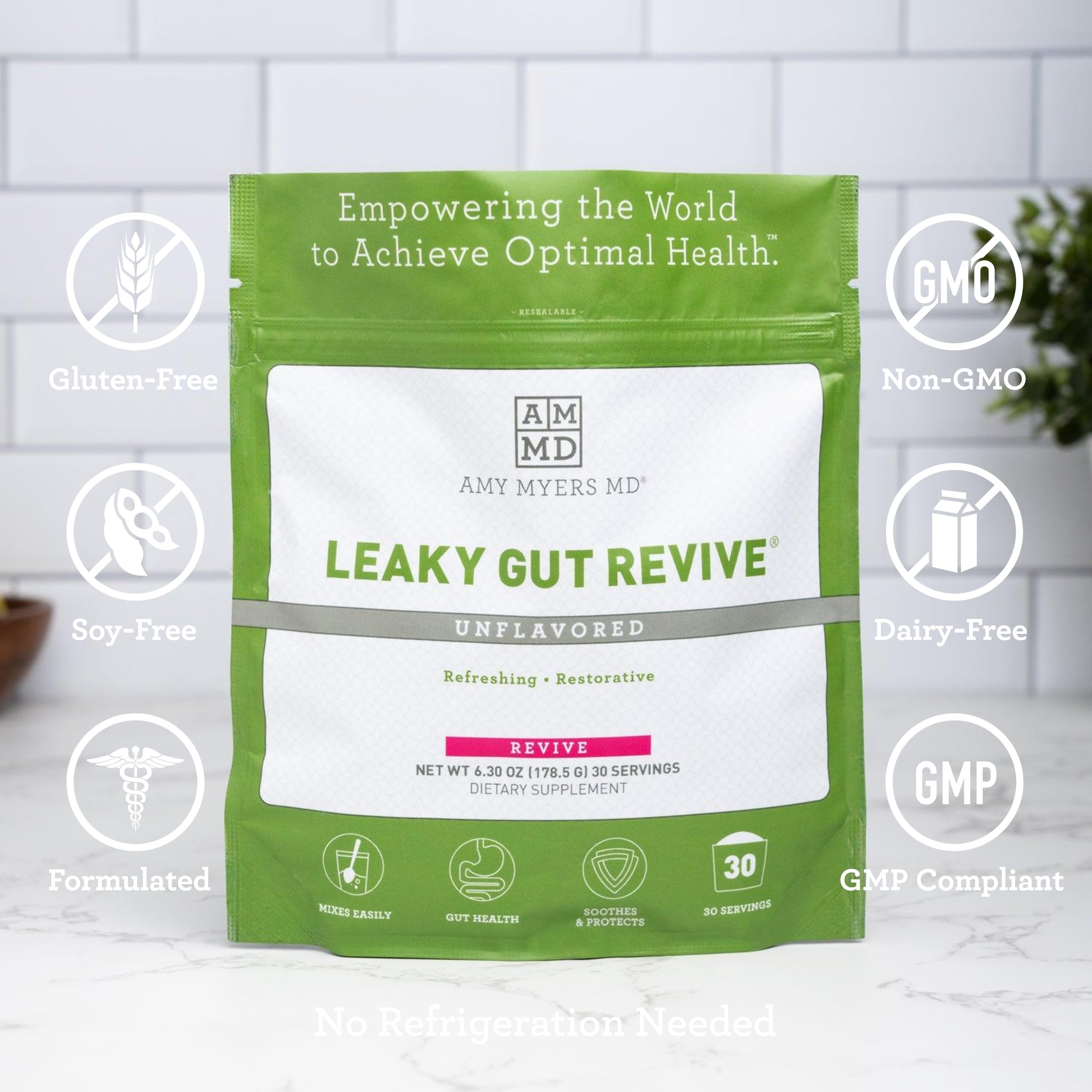 Amy Myers MD Leaky Gut Revive Powder for Leaky Gut Repair -L Glutamine, Slippery Elm -Supports Constipation, Diarrhea, Bloating, Heartburn, SIBO -Licorice & Marshmallow Root - Unflavoured-6.30 Oz