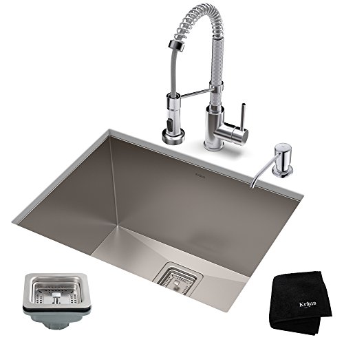 KRAUS 24-inch 18 Gauge Pax Laundry and Utility Sink Combo Set with Bolden 18-inch Kitchen Faucet and Soap Dispenser, Chrome KHU24L-1610-53CH