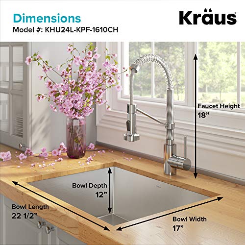 KRAUS 24-inch 18 Gauge Pax Laundry and Utility Sink Combo Set with Bolden 18-inch Kitchen Faucet and Soap Dispenser, Chrome KHU24L-1610-53CH