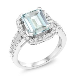 Gem Stone King 925 Sterling Silver Sky Blue Simulated Aquamarine Engagement Ring For Women (3.68 Cttw, Emerald Cut 10X8MM, Available In Size 5,6,7,8,9)