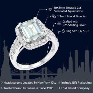 Gem Stone King 925 Sterling Silver Sky Blue Simulated Aquamarine Engagement Ring For Women (3.68 Cttw, Emerald Cut 10X8MM, Available In Size 5,6,7,8,9)