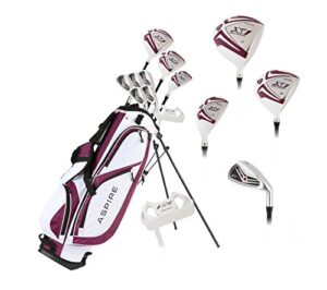 aspire x1 ladies womens complete golf club set includes driver, fairway, hybrid, 6-pw irons, putter, stand bag, 3 h/c's purple - regular or petite size! (petite size -1", right handed)