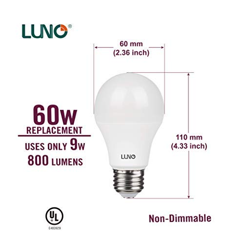 LUNO A19 Non-Dimmable LED Bulb, 9.0W (60W Equivalent), 800 Lumens, 4000K (Neutral White), Medium Base (E26), UL Certified (8-Pack)