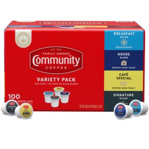 community coffee variety pack 100 count coffee pods, medium dark roast, compatible with keurig k-cup brewers