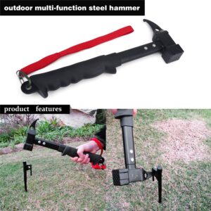 Outdoor Hiking Camping Multi-Function Tent Hammer Stake Remove Mallet, Outdoor Portable Framing Hammer with High Strength Head Rubber Handle, Multi-Function Lanyard Nail & Stake Puller Tent Hammer