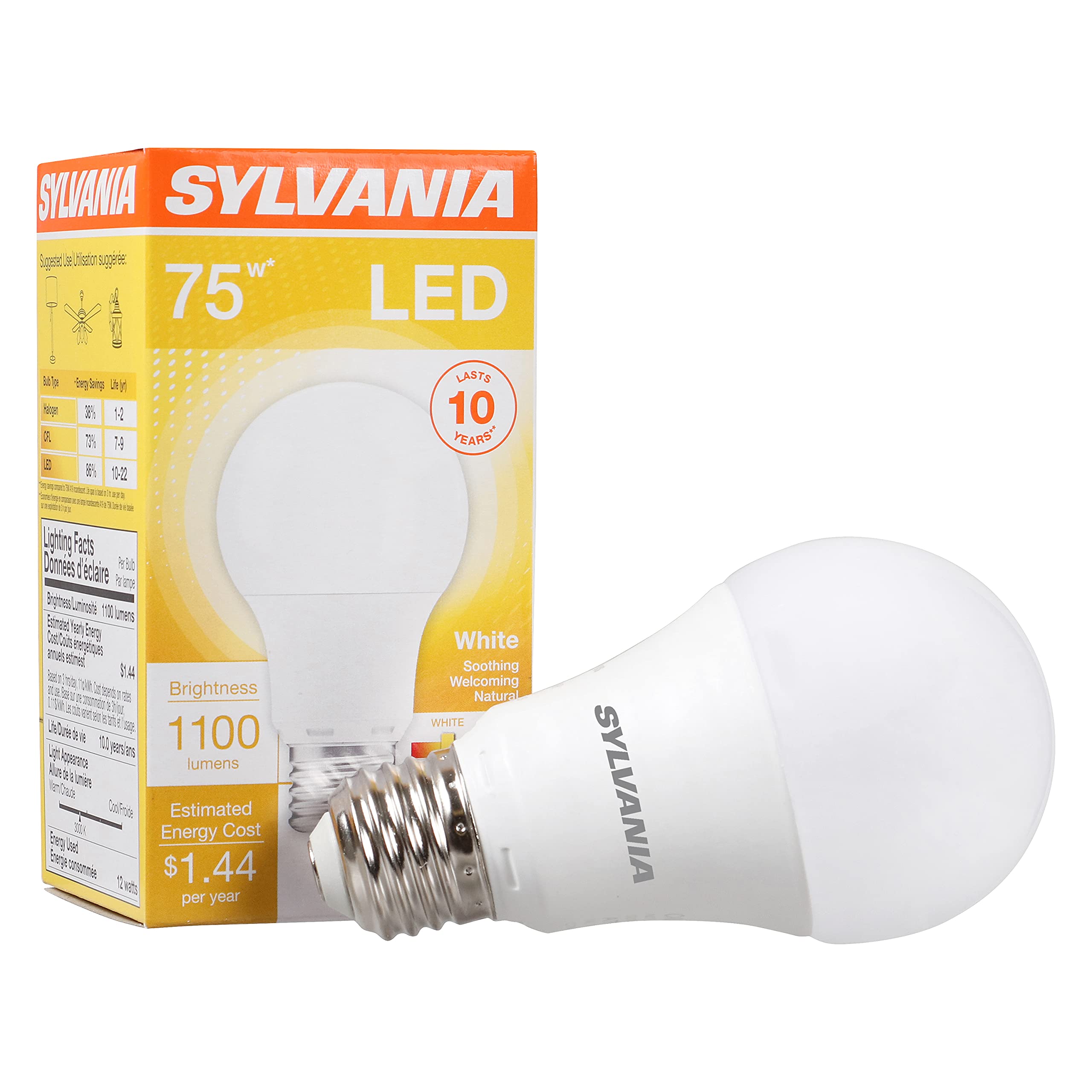 SYLVANIA LED Light Bulb, 75W Equivalent A19, Efficient 12W, Medium Base, Frosted Finish,1100 Lumens, White - 1 Pack (74736)