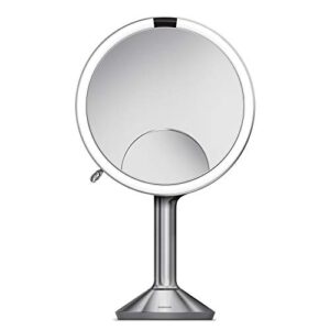 simplehuman st3024 20cm sensor mirror trio with touch-control brightness, light up makeup magnifying mirror, 10x, 5x, 1x magnification, led, dual light setting, rechargeable, brushed stainless steel