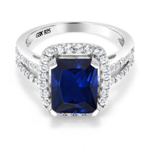 Gem Stone King 925 Sterling Silver Blue Simulated Sapphire Engagement Ring For Women (4.58 Cttw, 10X8MM Emerald Cut, Available in size 5, 6, 7, 8, 9)