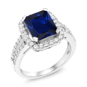 Gem Stone King 925 Sterling Silver Blue Simulated Sapphire Engagement Ring For Women (4.58 Cttw, 10X8MM Emerald Cut, Available in size 5, 6, 7, 8, 9)