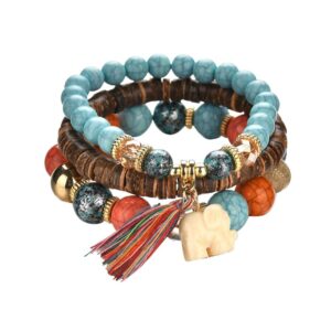 Hithop Bohemian Wood Beaded Bracelets & Bangles For Women Ethnic Tassel Elephant Multilayer Bracelet Charm Pulseiras Bijoux Candy Color Creative Gift Home Christmas Decor Clearance (Blue)