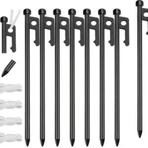 Eurmax USA 10 inch Multiuse Heavy Duty Steel Tent Stakes Tarp Pegs Camping Stakes for Outdoor Camping Canopy and tarp with 4 Ropes 10FT Length,8pcs(Black)