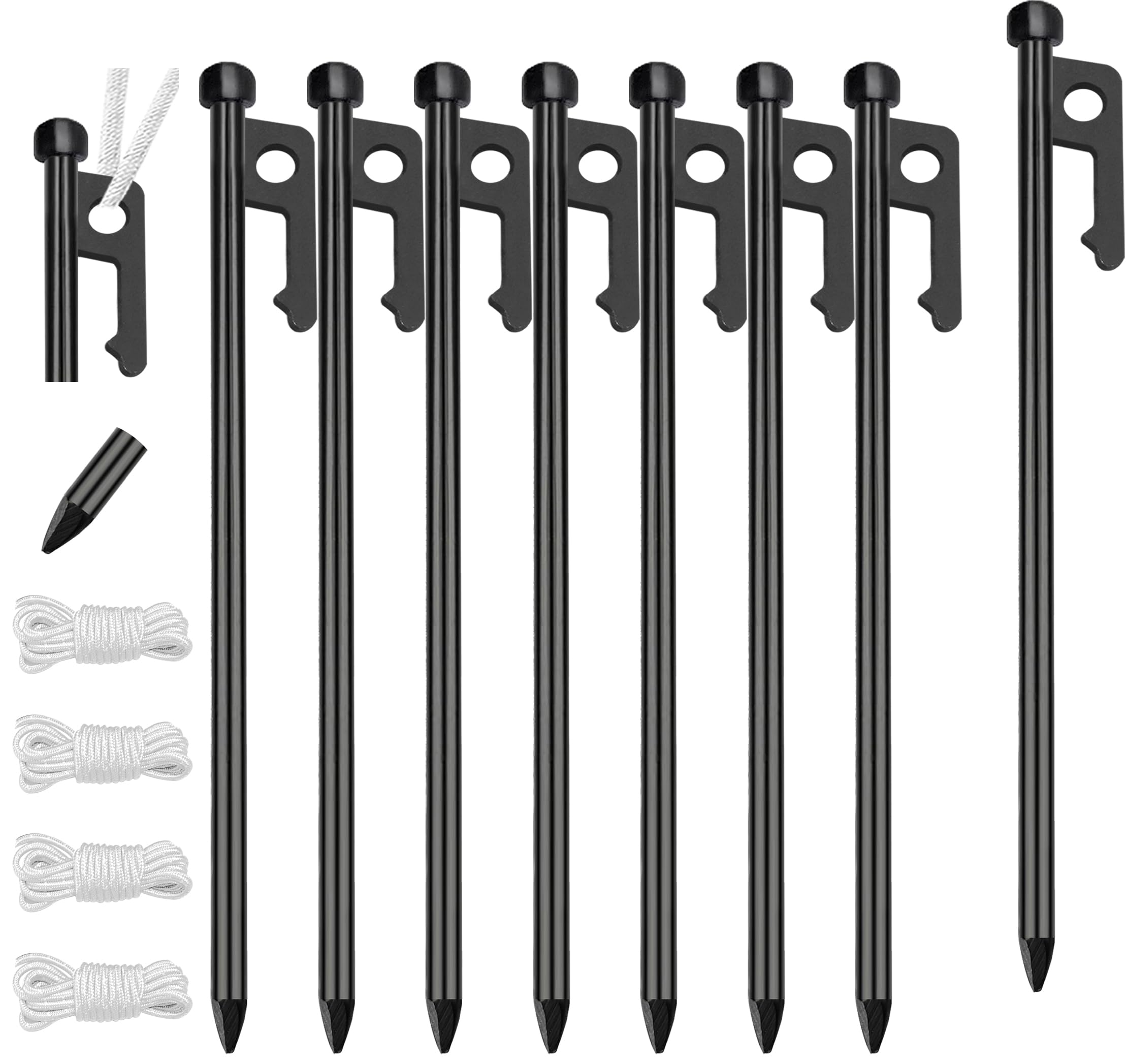 Eurmax USA 10 inch Multiuse Heavy Duty Steel Tent Stakes Tarp Pegs Camping Stakes for Outdoor Camping Canopy and tarp with 4 Ropes 10FT Length,8pcs(Black)