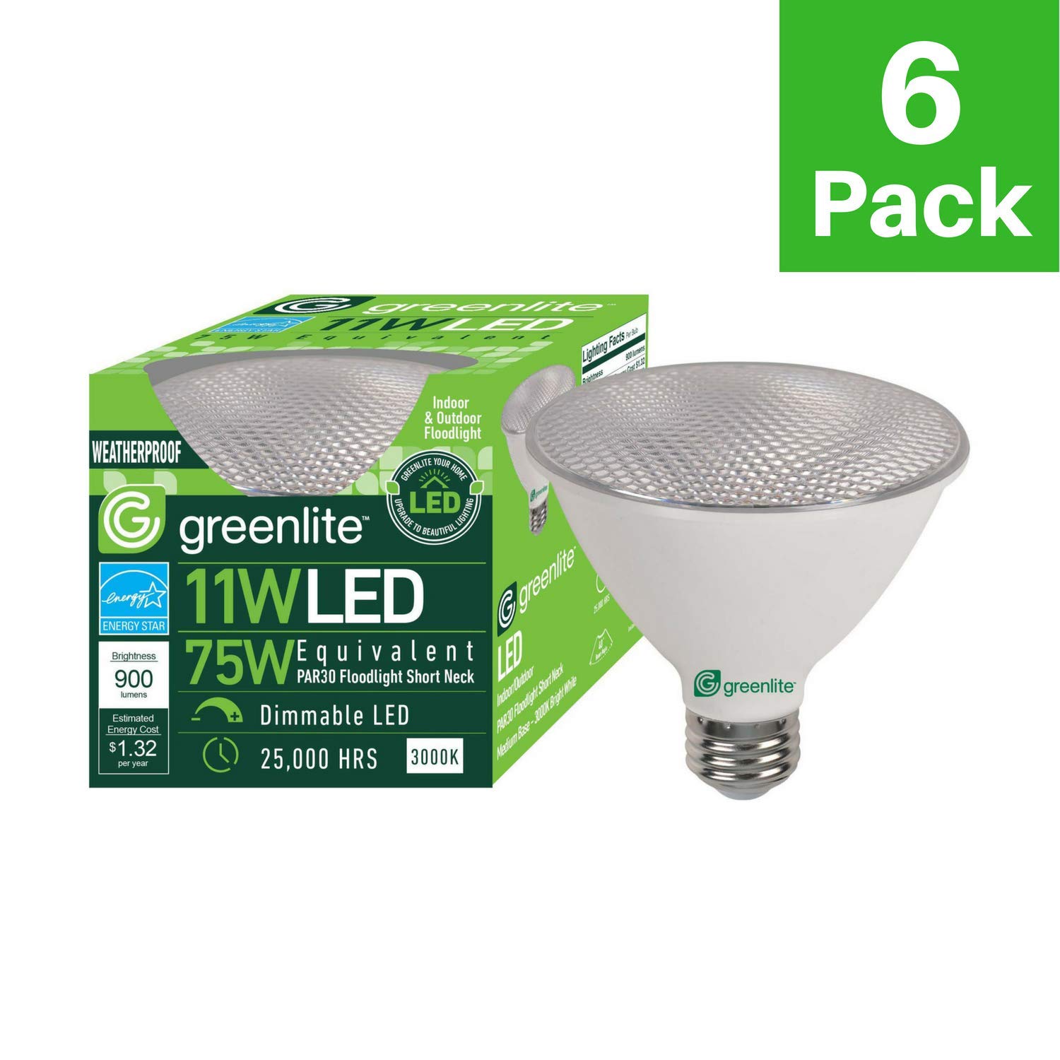 Greenlite LED PAR30 Short Neck Dimmable Flood Light Bulb, 11W (75W Equivalent), 900 Lumens, 2700k Bright White, 120V, Indoor/Outdoor, Energy Star Certified, UL Listed (6 Pack)