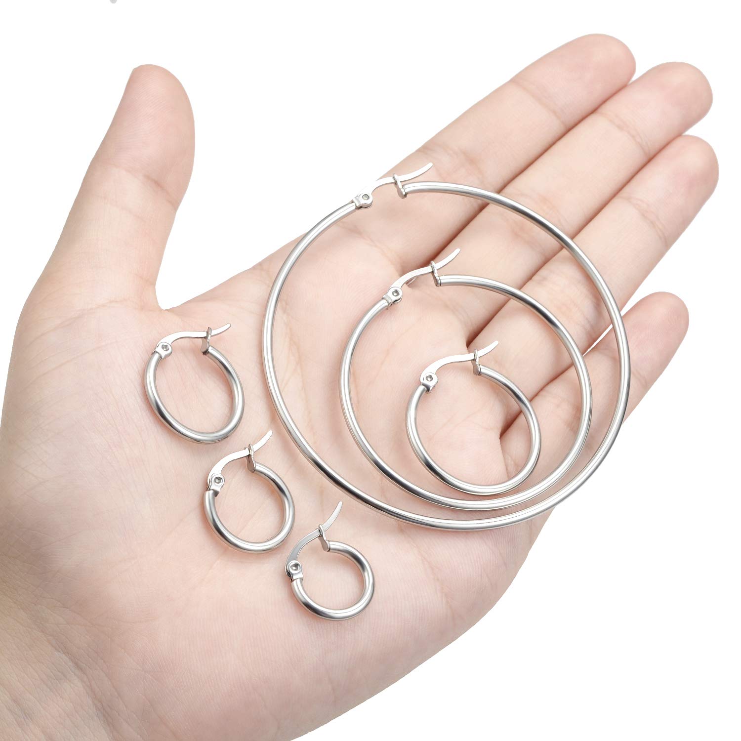 Yanxyad 6 Pairs Stainless Surgical Steel Hoop Earrings Set 316L Small Big Rounded Clasp Hoop Earrings Hypoallergenic Cartilage Tiny Click-Top Lightweight Cute Jewelry for Women Men（10 12 15 20 40 60mm）