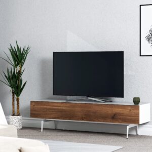 SONOROUS ST-360 Premium TV Stand for Living Room - Luxury Wood & Glass Media Console with Metal Legs - Modern Media Furniture with Storage - White TV Table Support up to 75" - Walnut Wood Cover