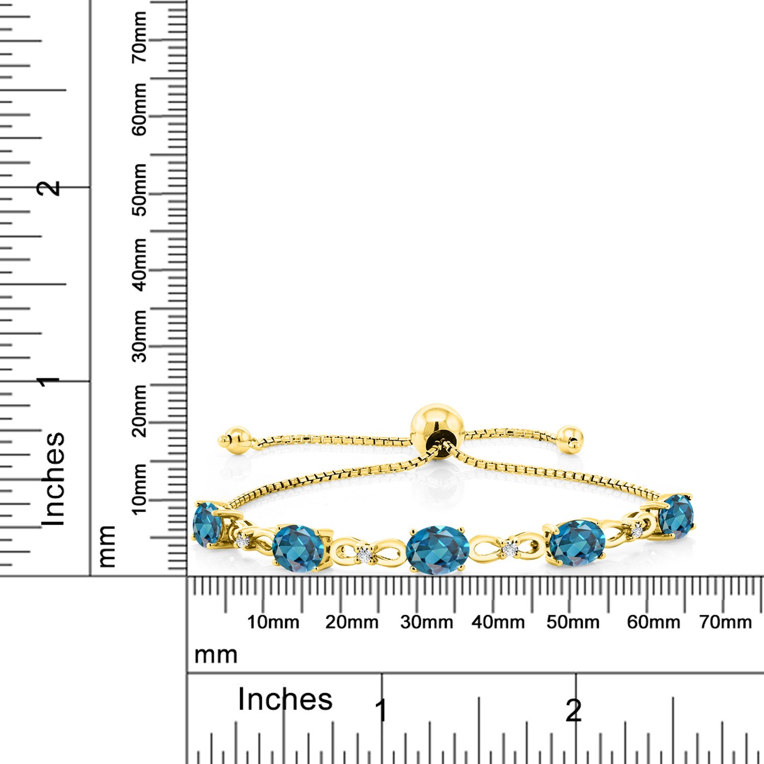 Gem Stone King 18K Yellow Gold Plated Silver London Blue Topaz and White Lab Grown Diamond Tennis Bracelet For Women (5.02 Cttw, Gemstone Birthstone, Oval 7x5MM, Fully Adjustable Up to 9 Inch)