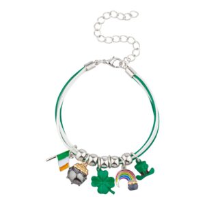 LUX ACCESSORIES White Green Saint Patrick Theme Clover Flag Hat Rainbow Bracelet