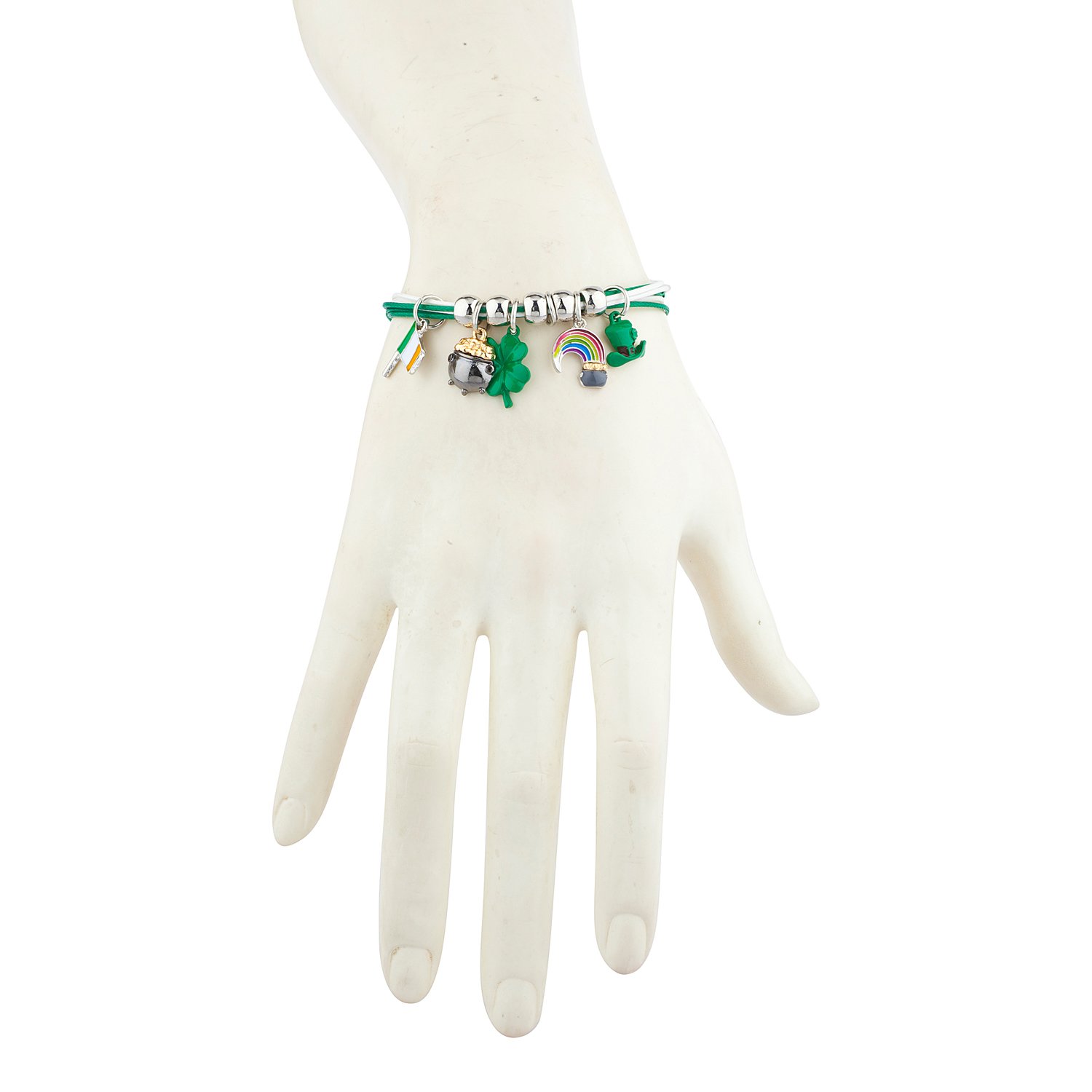 LUX ACCESSORIES White Green Saint Patrick Theme Clover Flag Hat Rainbow Bracelet