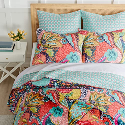 Levtex Home - Jules Quilt Set - Full/Queen Quilt (88x92in.) + Two Standard Pillow Shams (26x20in.) - Bohemian - Teal, Orange, Yellow, Green, Blue, Red, Navy - Reversible - Cotton Fabric