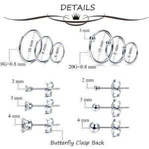 MILACOLATO 18 Pairs Small Tiny Stud Hoop Earrings for Women 14K White Good Plated Stainless Steel Earrings Set for Multiple Piercing Hypoallergenic CZ Ball Studs Endless Cartilage Hoops Earrings