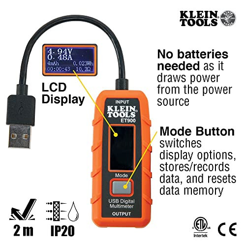 Klein Tools ET900 USB Power Meter, USB-A Digital Meter for Voltage, Current, Capacity, Energy Resistance