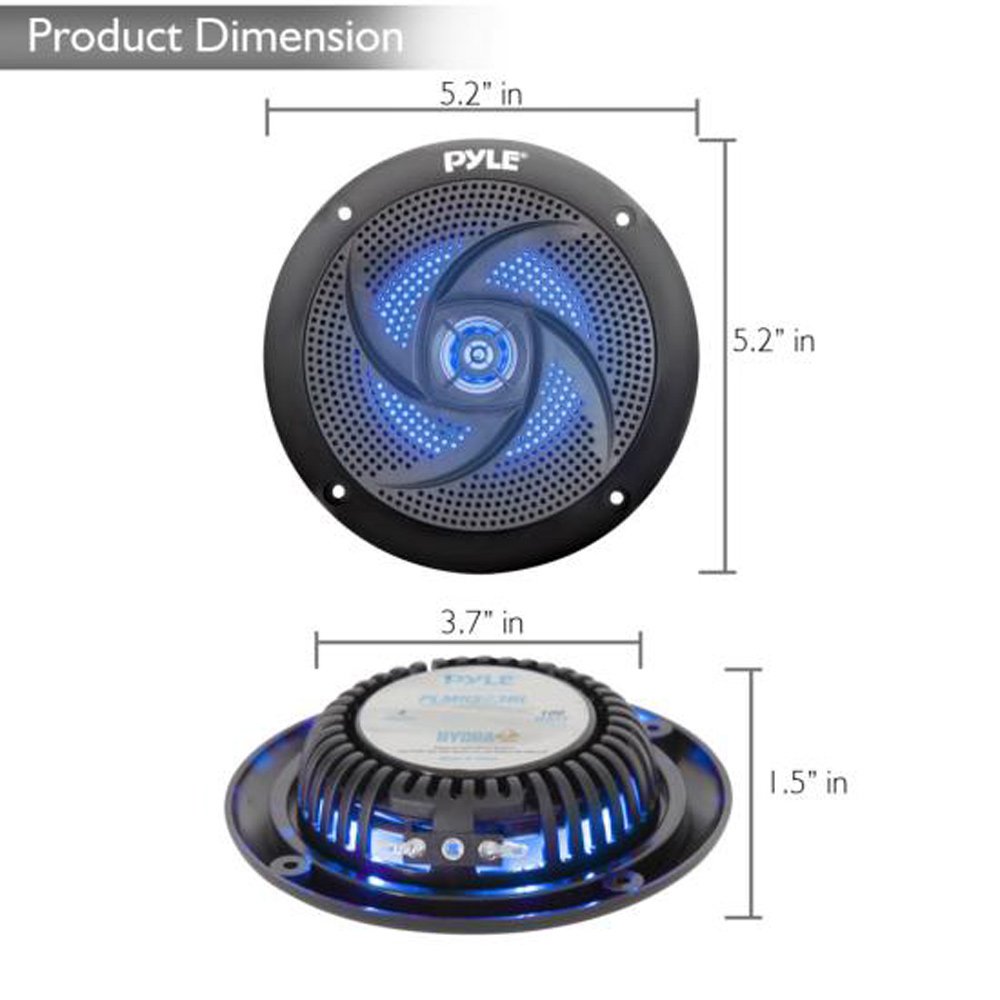 Pyle Low-Profile Waterproof Marine Speakers - 100W 4 Inch 2 Way 1 Pair Slim Style Waterproof Weather Resistant Outdoor Audio Stereo Sound System w/ Blue Illuminating LED Lights - Pyle (Black)