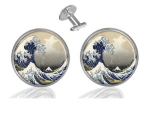 ecowcow custom classic jewelry tuxedo shirt sliver cufflinks men's unique business wedding gifts (hokusai the great wave)