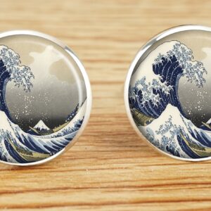 ecowcow Custom Classic Jewelry Tuxedo Shirt Sliver Cufflinks Men's Unique Business Wedding Gifts (Hokusai The Great Wave)