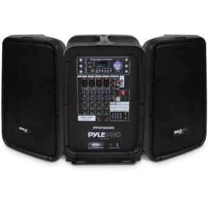 pyle 600 watt 8-channel portable bluetooth wireless pa speaker amplifier kit with 8" subwoofer and 1" horn tweeter, mp3, aux - usb xlr 1/4" rca, black