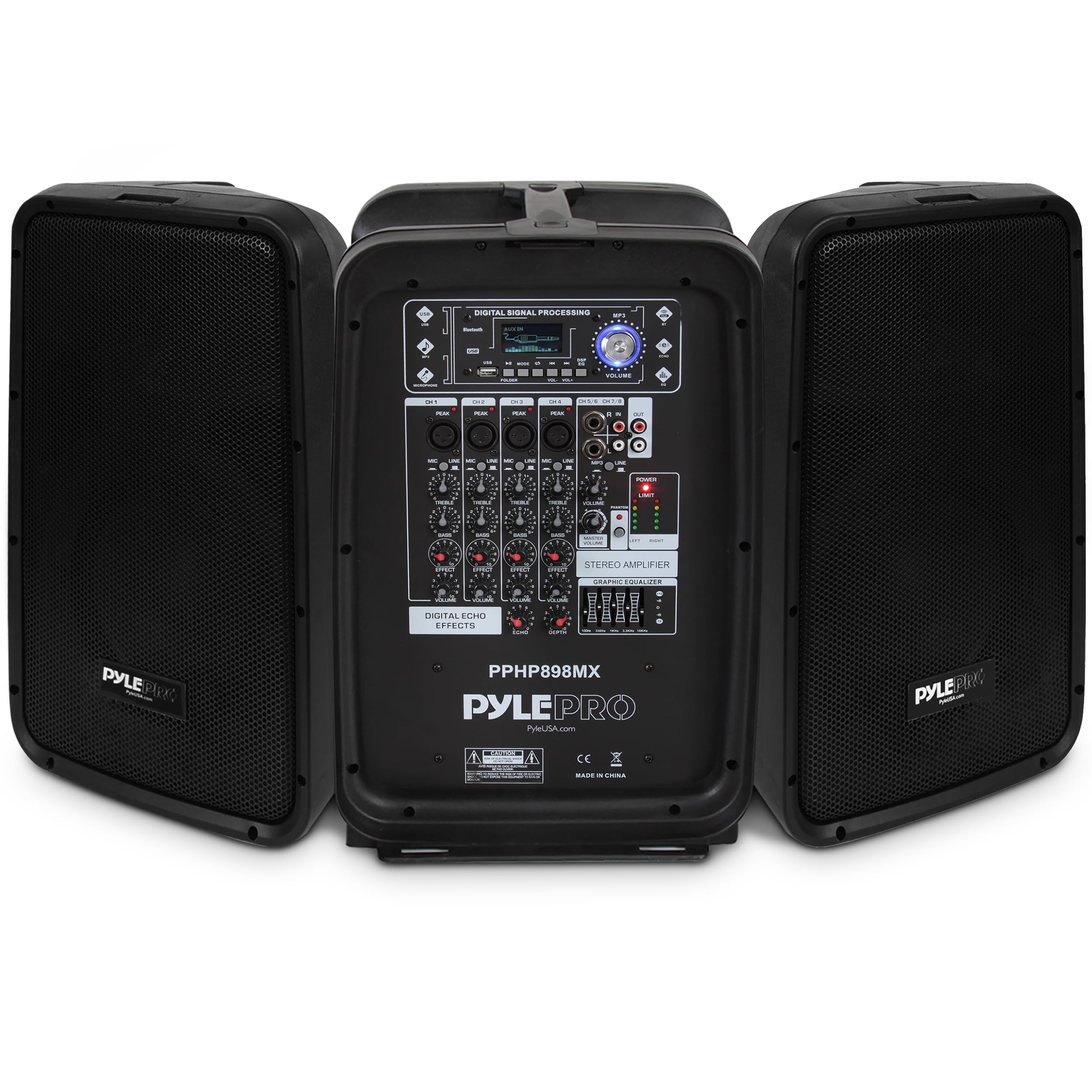 Pyle 600 Watt 8-Channel Portable Bluetooth Wireless PA Speaker Amplifier Kit with 8" Subwoofer and 1" Horn Tweeter, MP3, AUX - USB Xlr 1/4" RCA, Black