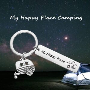 QIIER Camp Keychain My Happy Place Camping Keychain Camp Jewelry RV Camper Gift for Campers, Traveler (Silver)