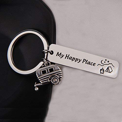 QIIER Camp Keychain My Happy Place Camping Keychain Camp Jewelry RV Camper Gift for Campers, Traveler (Silver)