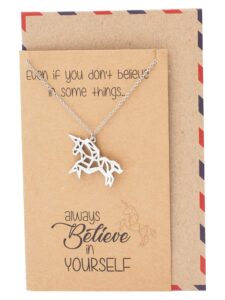 quan jewelry handmade origami unicorn pendant necklace, animal jewelry graduation gifts for women & men with inspirational greeting card, adjustable 16" to 18" - handcrafted