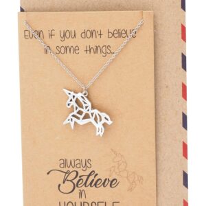 quan jewelry Handmade Origami Unicorn Pendant Necklace, Animal Jewelry Graduation Gifts for Women & Men with Inspirational Greeting Card, Adjustable 16" to 18" - Handcrafted