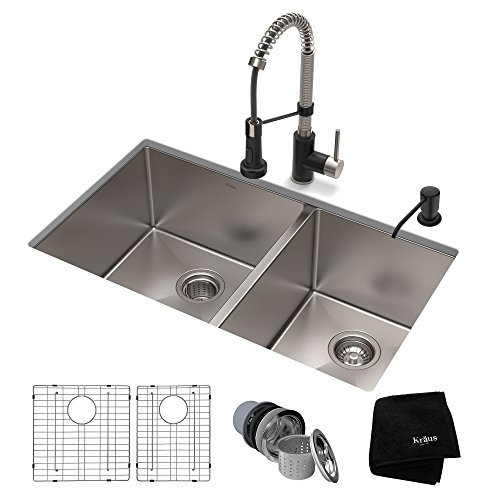 Kraus KHU103-33-1610-53SSMB Set with Standart PRO Sink and Bolden Commercial Pull Faucet in Stainless Steel Matte Black Kitchen Sink & Faucet Combo, 33 Inch