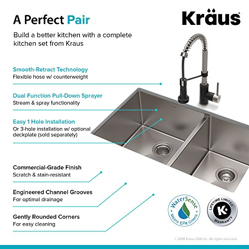 Kraus KHU103-33-1610-53SSMB Set with Standart PRO Sink and Bolden Commercial Pull Faucet in Stainless Steel Matte Black Kitchen Sink & Faucet Combo, 33 Inch