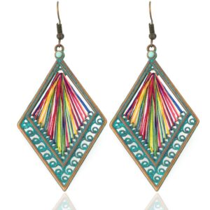 soul statement women's western rainbow thread geometric boho dangle festival earrings - unique bronze & teal threader bohemian summer jewelry for women (rainbow thread)