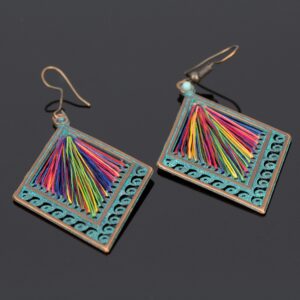 Soul Statement Women's Western Rainbow Thread Geometric Boho Dangle Festival Earrings - Unique Bronze & Teal Threader Bohemian Summer Jewelry for Women (Rainbow Thread)