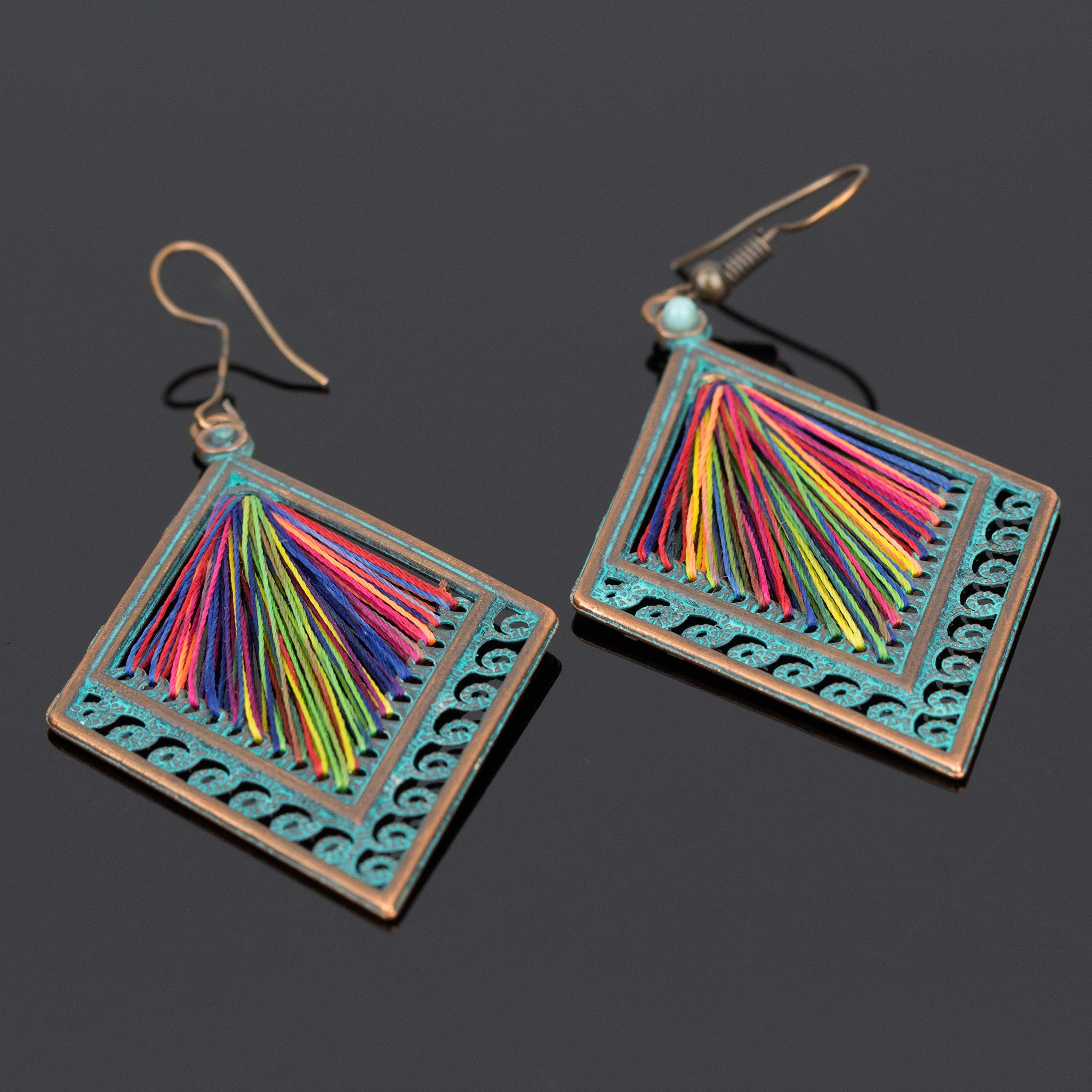 Soul Statement Women's Western Rainbow Thread Geometric Boho Dangle Festival Earrings - Unique Bronze & Teal Threader Bohemian Summer Jewelry for Women (Rainbow Thread)