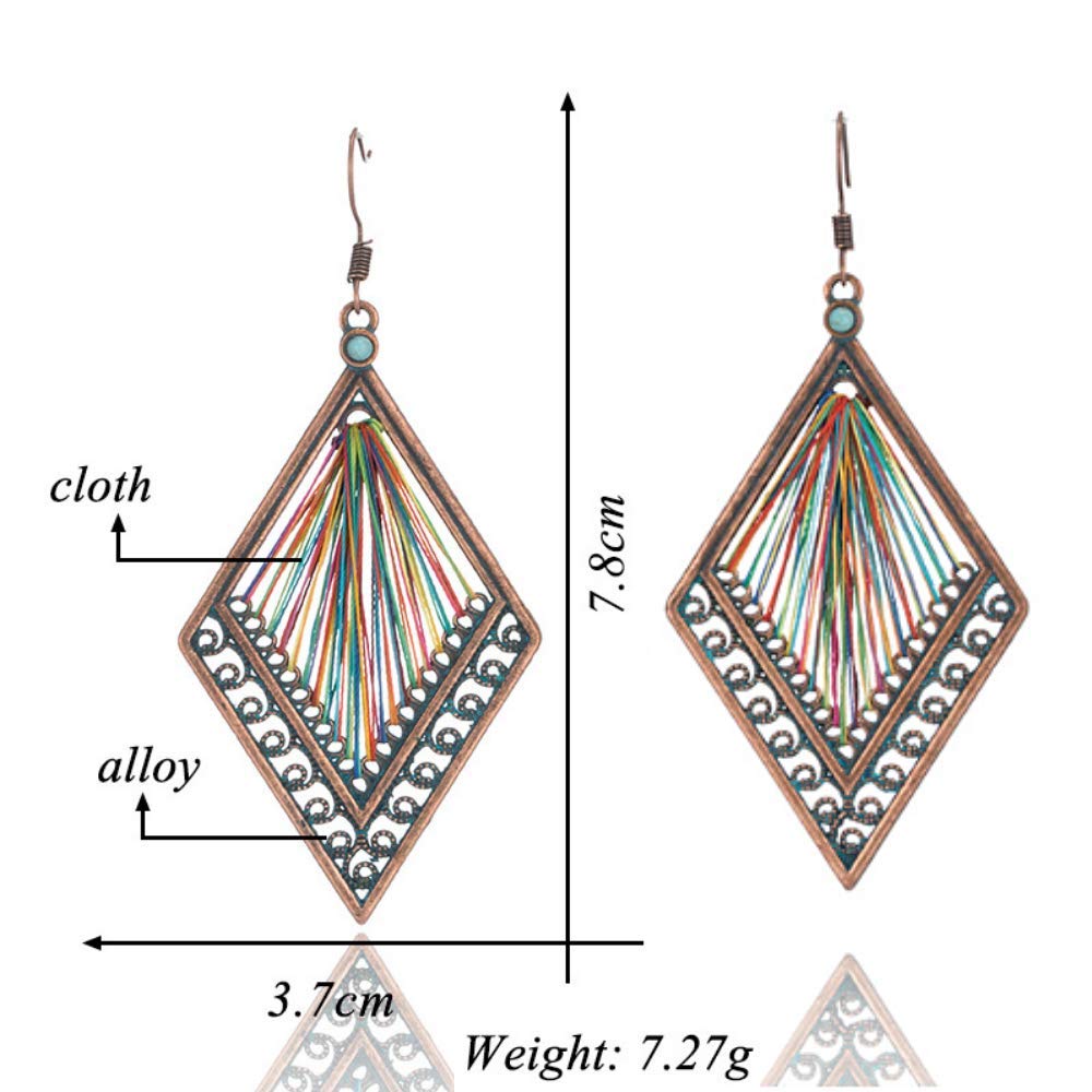 Soul Statement Women's Western Rainbow Thread Geometric Boho Dangle Festival Earrings - Unique Bronze & Teal Threader Bohemian Summer Jewelry for Women (Rainbow Thread)