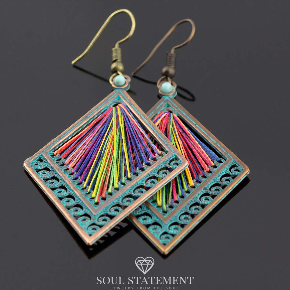 Soul Statement Women's Western Rainbow Thread Geometric Boho Dangle Festival Earrings - Unique Bronze & Teal Threader Bohemian Summer Jewelry for Women (Rainbow Thread)