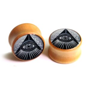 Awinrel Wood Saddle Ear Gauge Plugs Flesh Tunnel Stretcher Piercing Eyelet Mandala Skull Illuminati All Seeing Eye 3 Pairs 1 inch 25mm