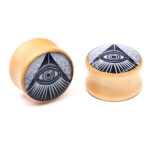 Awinrel Wood Saddle Ear Gauge Plugs Flesh Tunnel Stretcher Piercing Eyelet Mandala Skull Illuminati All Seeing Eye 3 Pairs 1 inch 25mm