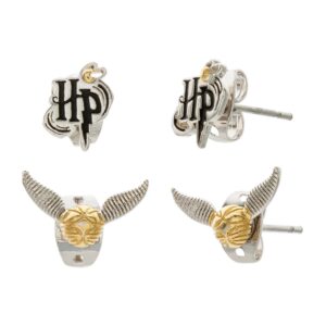 Harry Potter Flash Plated and Silver Plated Stud Earring Set, 2 Pair Two Tone Studs - Golden Snitch Flash and Silver Plated Studs, HP Silver Plated Studs